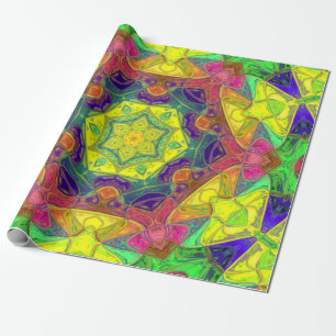 Mosaic Mandala Flower Yellow Blue and Green Wrapping Paper