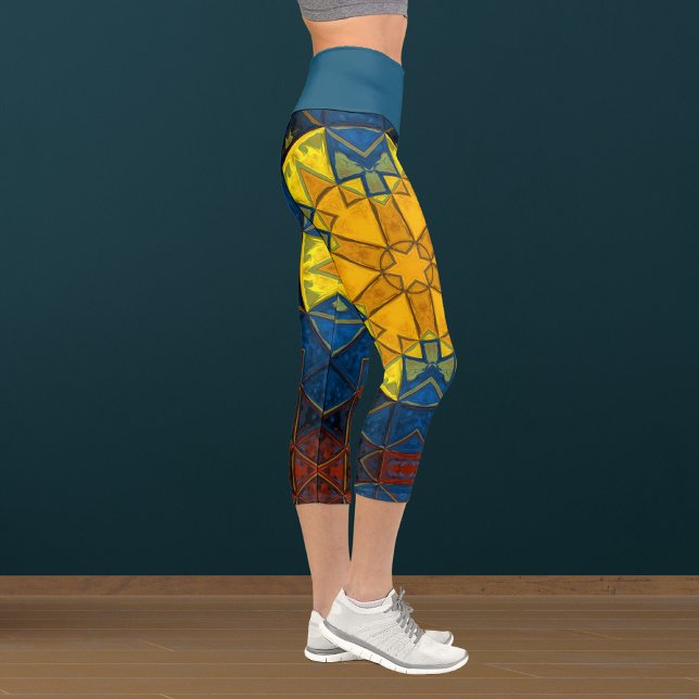 Mosaic Mandala Flower Yellow Blue and Red Capri Leggings (Creator Uploaded)