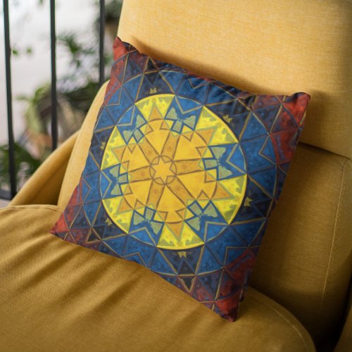Mosaic Mandala Flower Yellow Blue and Red Throw Pillow