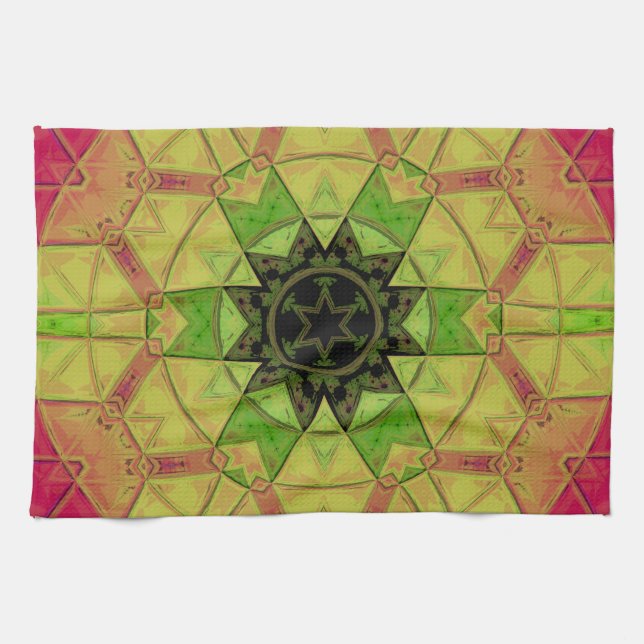 Mosaic Mandala Flower Yellow Green and Pink Kitchen Towel (Horizontal)
