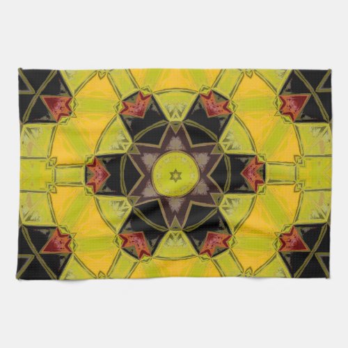 Mosaic Mandala Flower Yellow Green Red and Black Kitchen Towel