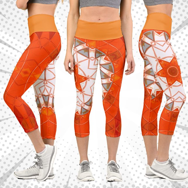 Mosaic Mandala Orange and White Capri Leggings (Creator Uploaded)