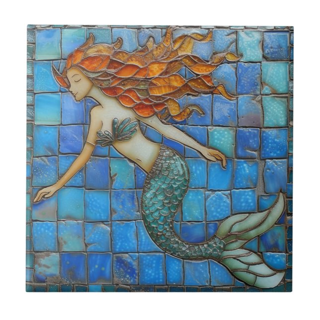 Mosaic Mermaid Aqua Marine Ceramic Tile (Front)