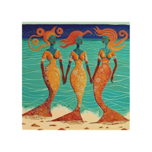 Mosaic Mermaids on Egyptian Sands Wood Wall Art