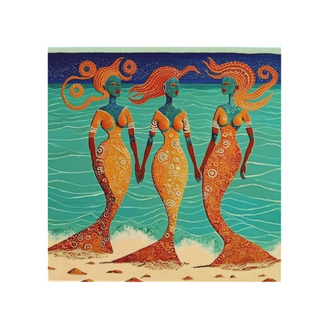 Mosaic Mermaids on Egyptian Sands Wood Wall Art (Front)