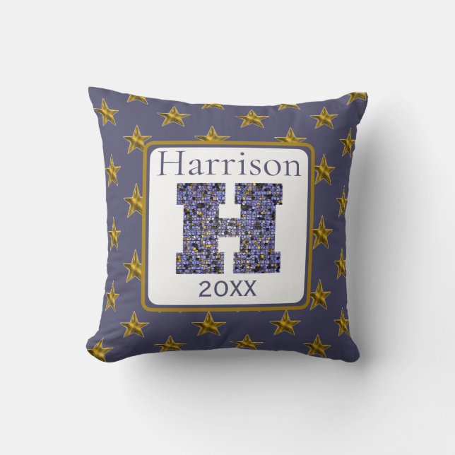 Mosaic Monogram Initial Gold Stars Letter H Throw Pillow (Front)