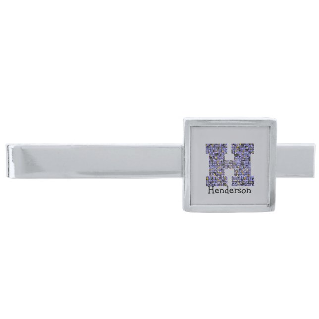 Mosaic Monogram Letter H Stain Glass Pattern Tiles Silver Finish Tie Bar (Front)