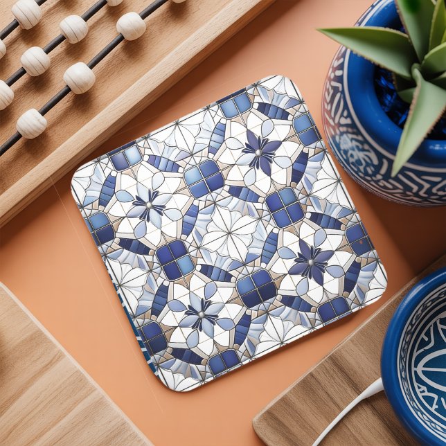 Mosaic Moroccan Tile Pattern#2 Blue White ID1078 Square Paper Coaster (Creator Uploaded)
