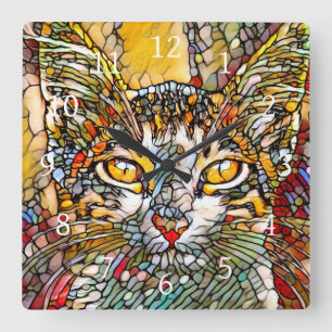 Mosaic Multicolor Cat 697 Square Wall Clock
