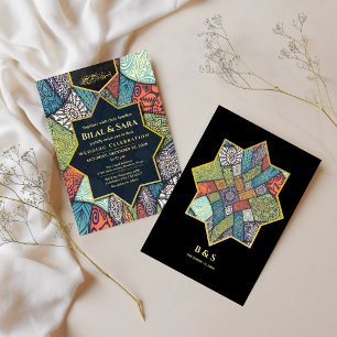 Mosaic Muslim Wedding Invitation, Black and Gold Invitation