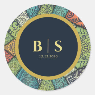 Mosaic Muslim Wedding Round Sticker, Personalized Classic Round Sticker