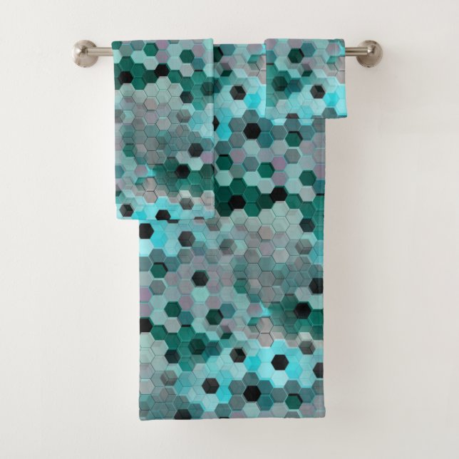 Mosaic of hexagons or cubes in shades cyan to gray bath towel set (Insitu)