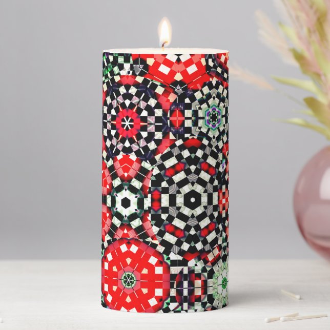 Mosaic of kaleidoscope chess hexagon, red black to pillar candle (In Situ)
