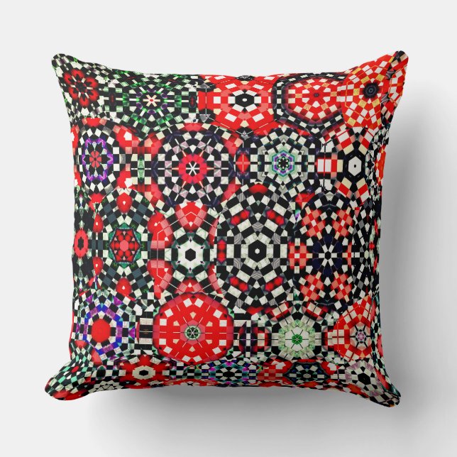Mosaic of kaleidoscope chess hexagon, red black to throw pillow (Front)