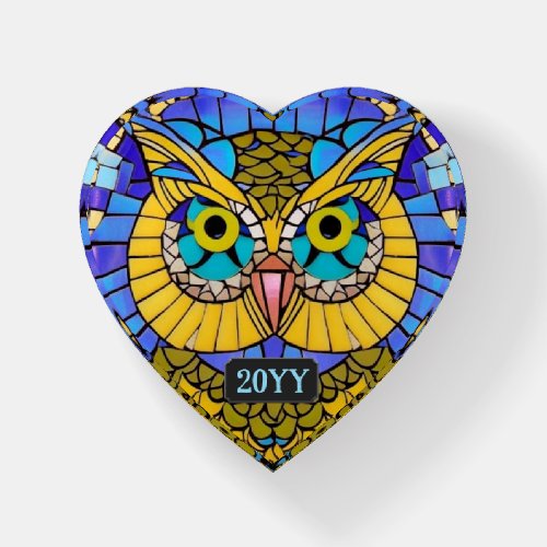 Mosaic Owl in Blue  Yellow _ Commemorative Year Paperweight