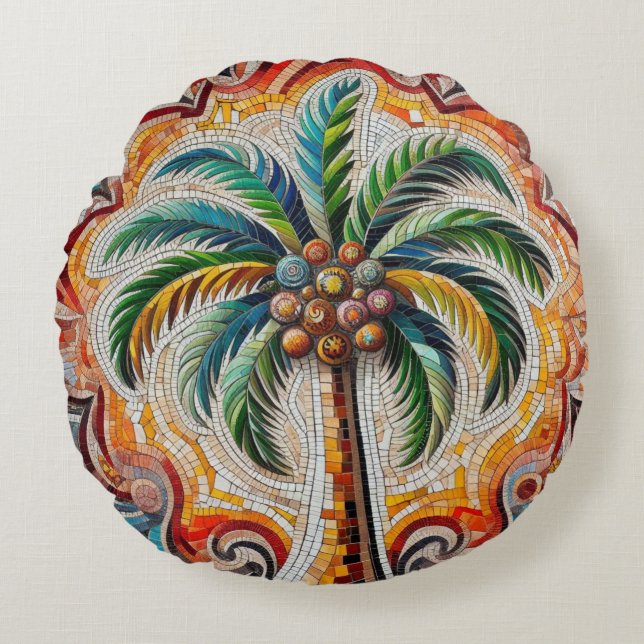 Mosaic Palm Tree Design  Round Pillow (Front)
