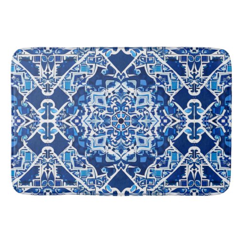 Mosaic Pattern in Indigo and Cobalt Blue Bath Mat