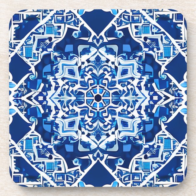 Mosaic Pattern in Indigo and Cobalt Blue Beverage Coaster (Front)