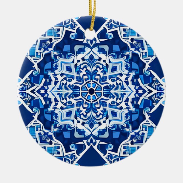 Mosaic Pattern in Indigo and Cobalt Blue Ceramic Ornament (Front)