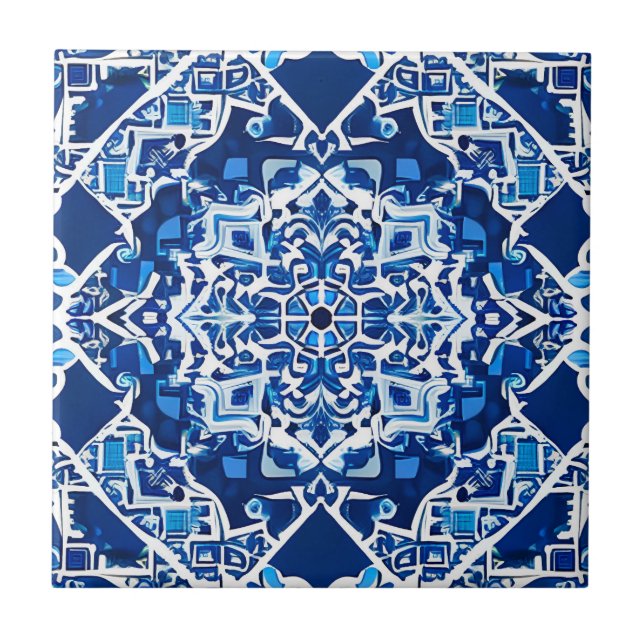 Mosaic Pattern in Indigo and Cobalt Blue   Ceramic Tile (Front)