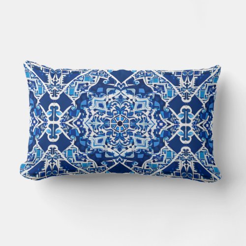 Mosaic Pattern in Indigo and Cobalt Blue Lumbar Pillow