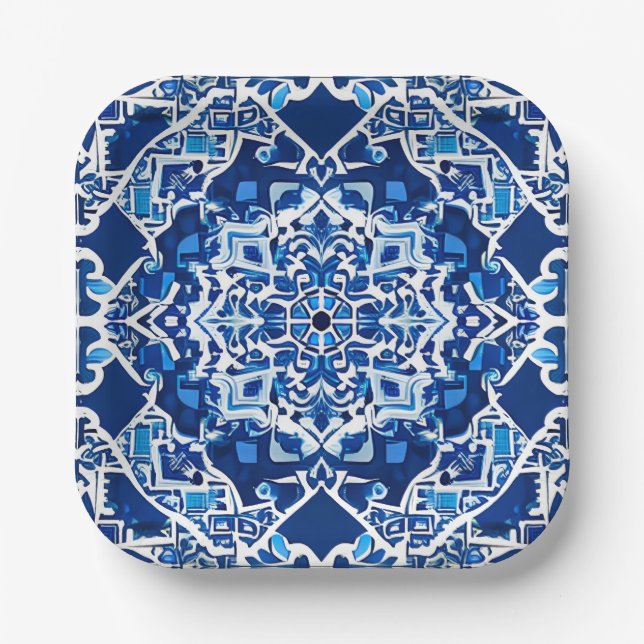 Mosaic Pattern in Indigo and Cobalt Blue   Paper Plates (Front)