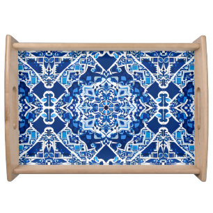 Mosaic Pattern in Indigo and Cobalt Blue Serving Tray