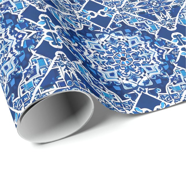 Mosaic Pattern in Indigo and Cobalt Blue Wrapping Paper (Roll Corner)
