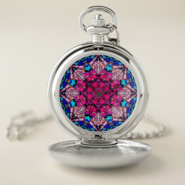 Mosaic Pink Mandala Floral Psychedelic Retro  Pocket Watch (Inside)