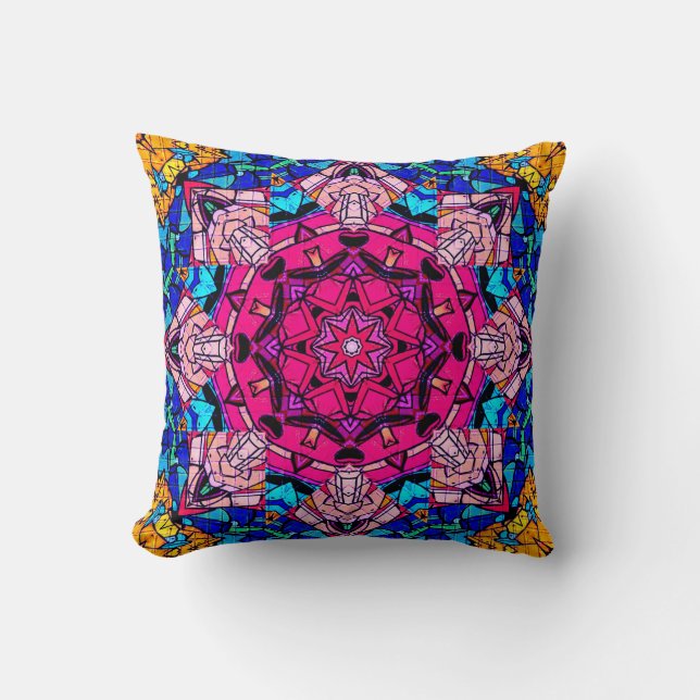 Mosaic Pink Mandala Floral Psychedelic Retro  Throw Pillow (Front)