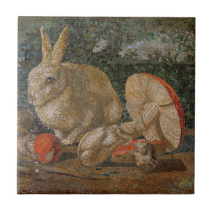 Mosaic rabbit and mushroom nature vintage ceramic tile