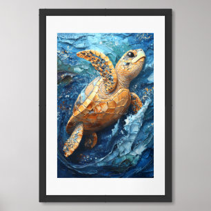 Mosaic Sea Turtle in Ocean Waves Painting Framed Art