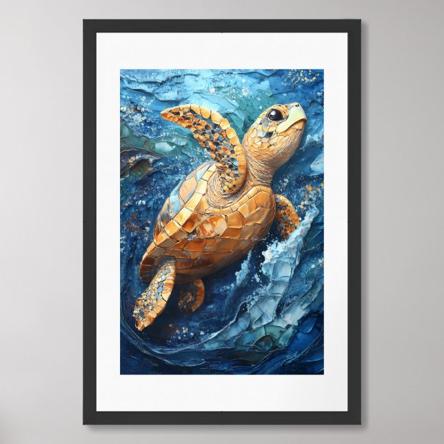 Mosaic Sea Turtle in Ocean Waves Painting Framed Art (Framed Front)