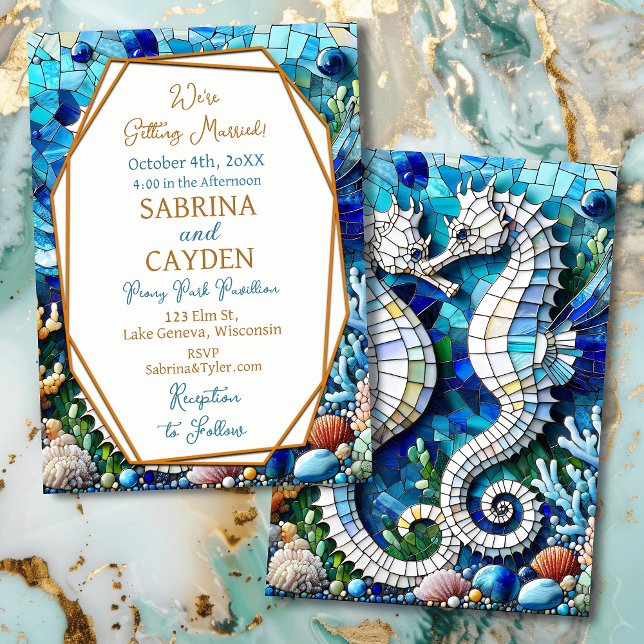 Mosaic Seahorses Romantic Beachy Invitation (Creator Uploaded)