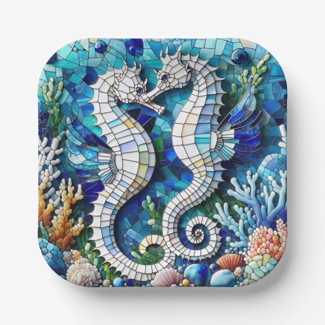 Mosaic Seahorses Romantic Beachy   Paper Plates (Front)