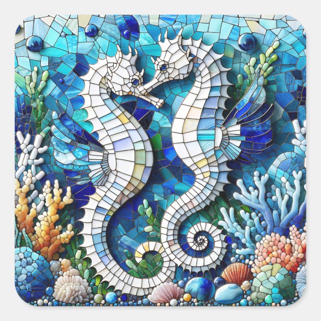 Mosaic Seahorses Romantic Beachy   Square Sticker (Front)
