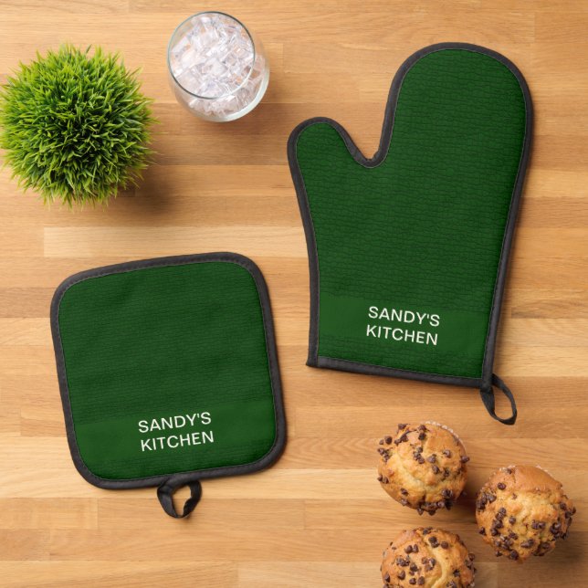 Mosaic Solid Forrest Green Textured Pattern Oven Mitt & Pot Holder Set (Top Down)