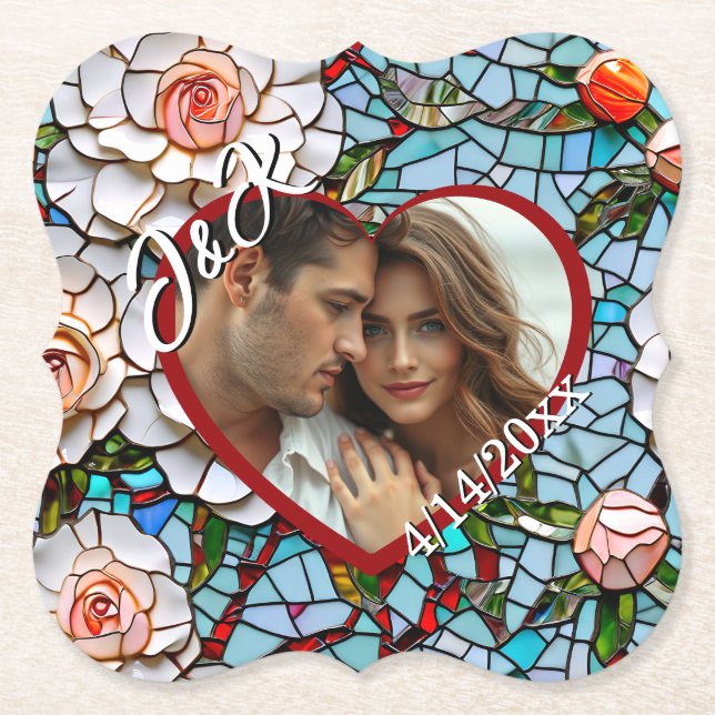 Mosaic Stained Glass and Tile Wedding Personalized Paper Coaster (Front)