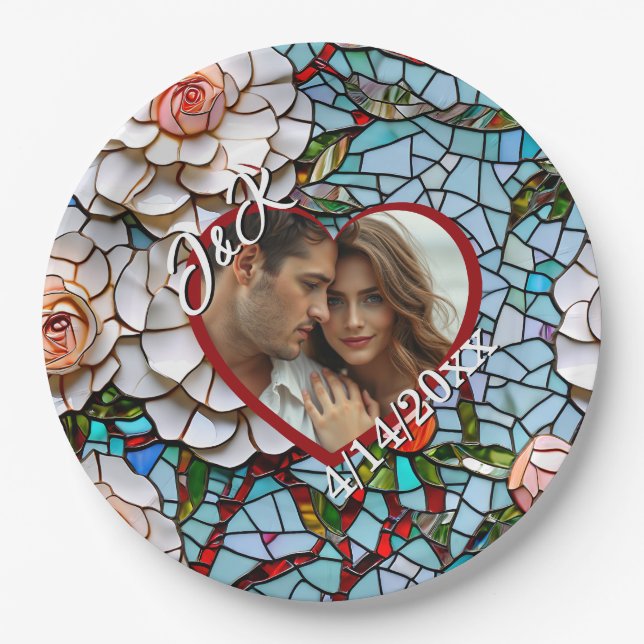 Mosaic Stained Glass and Tile Wedding Personalized Paper Plates (Front)