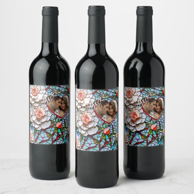 Mosaic Stained Glass and Tile Wedding Personalized Wine Label (Bottles)