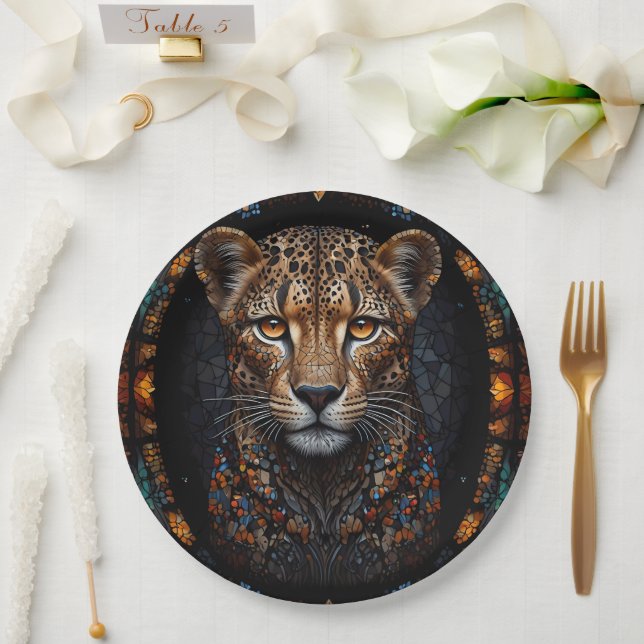 Mosaic Stained Glass Cheetah Portrait  Paper Plates (Wedding)
