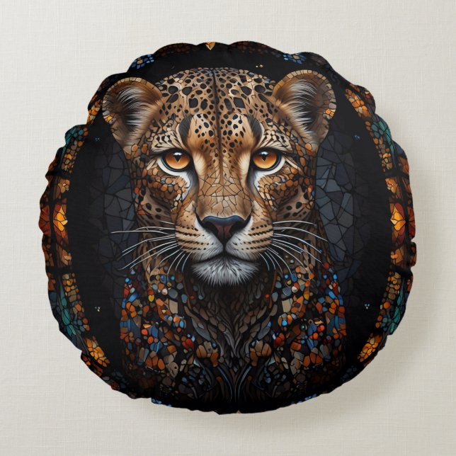 Mosaic Stained Glass Cheetah Portrait  Round Pillow (Front)