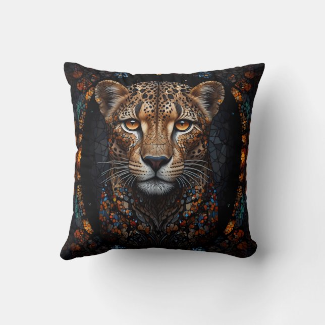 Mosaic Stained Glass Cheetah Portrait  Throw Pillow (Back)
