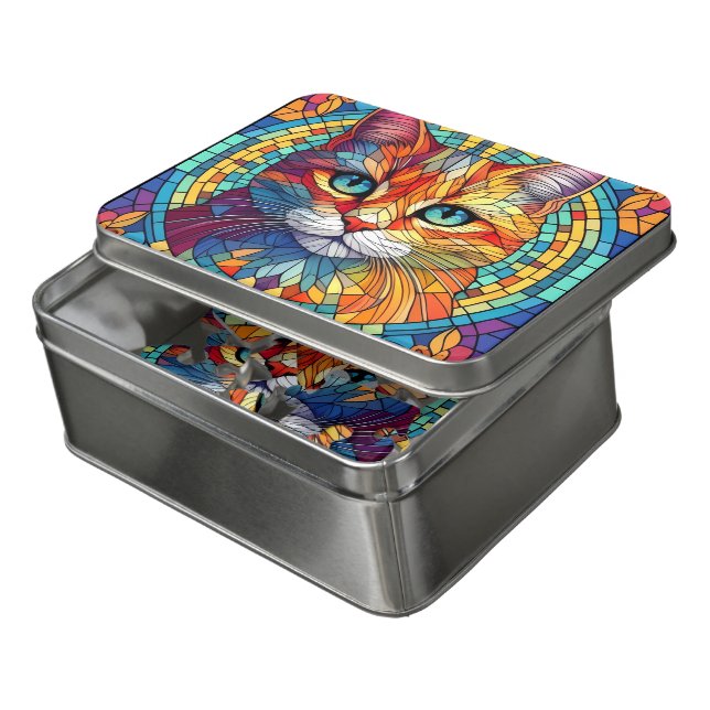 Mosaic Stained Glass Window Cat Jigsaw Puzzle (Lid Open)