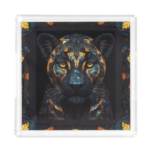 Mosaic Stained Glassed Black Panther Portrait  Acrylic Tray