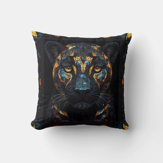 Mosaic Stained Glassed Black Panther Portrait  Throw Pillow (Front)