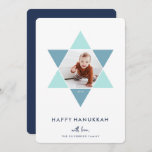 Mosaic Star | Hanukkah Photo Holiday Card<br><div class="desc">Elegant and modern Hanukkah photo card features a favorite photo set inside a Star of David accented with bright shades of blue for a unique mosaic effect,  on a white background. "Happy Hanukkah" appears beneath in modern,  clean white lettering. Personalize with your names along the bottom.</div>