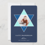 Mosaic Star | Hanukkah Photo Holiday Card<br><div class="desc">Elegant and modern Hanukkah photo card features a favorite photo set inside a Star of David accented with bright shades of blue for a unique mosaic effect,  on a rich navy background. "Happy Hanukkah" appears beneath in modern,  clean white lettering. Personalize with your names along the bottom.</div>