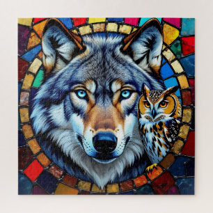 Mosaic Style Owl and Wolf Wildlife Vibrant Jigsaw Puzzle