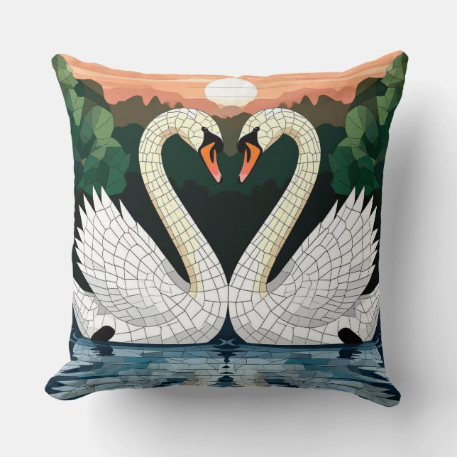 Mosaic Swan Couple Forming Heart Shape Throw Pillow (Front)